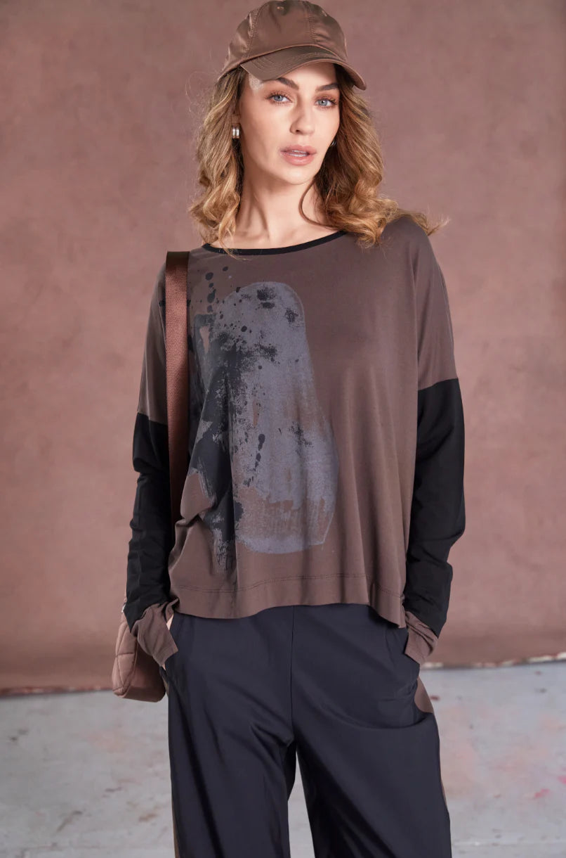 Naya Cocoa/Black Placement Print Top With Contrast  Binding And Sleeves