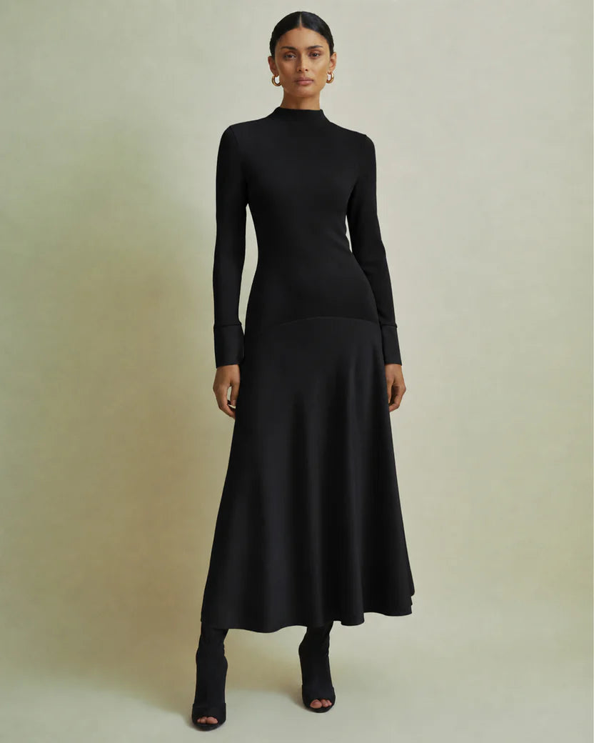 Florere Acacia Black Mockable Midi Length Dress