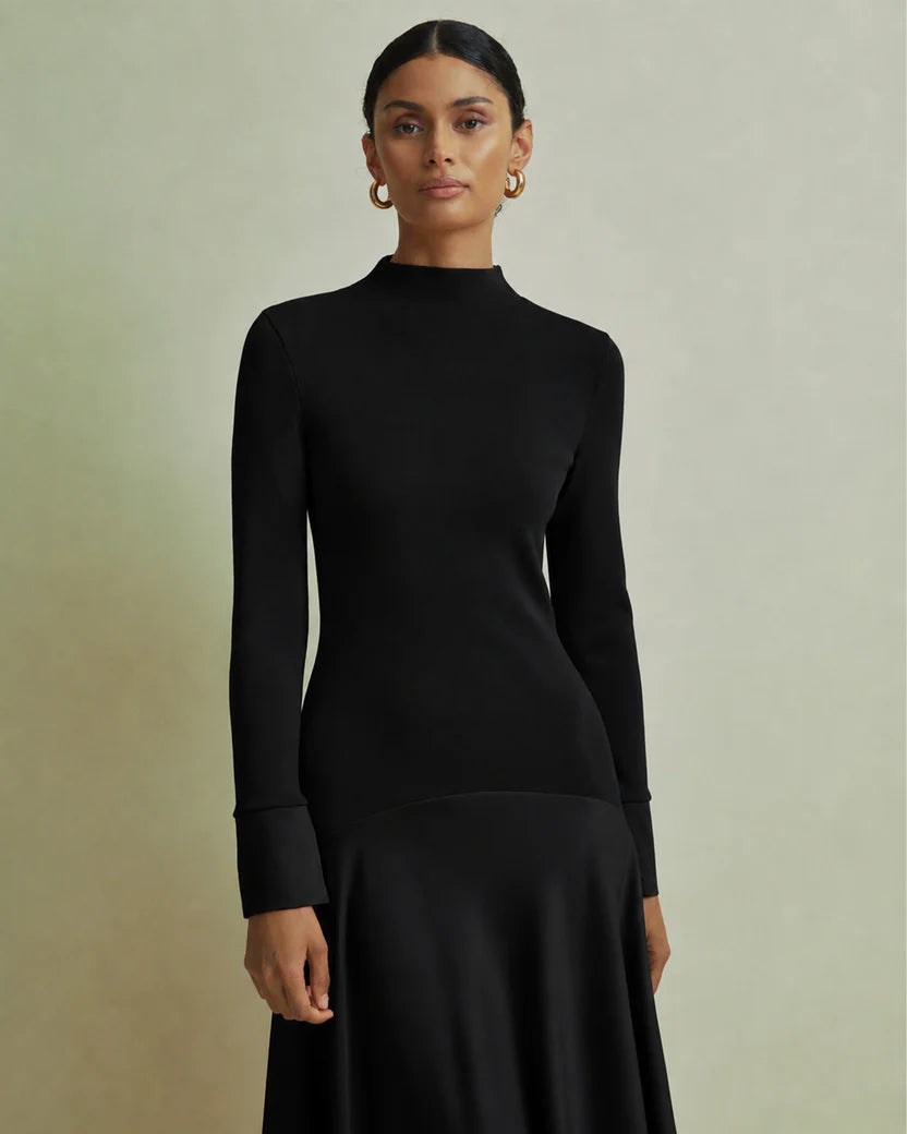 Florere Acacia Black Mockable Midi Length Dress