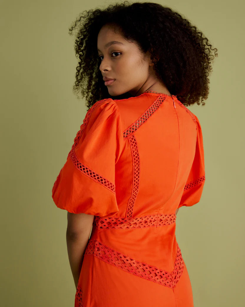 Florere Lace Detail Puff Sleeve Midi Dress