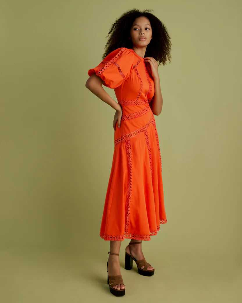 Florere Lace Detail Puff Sleeve Midi Dress