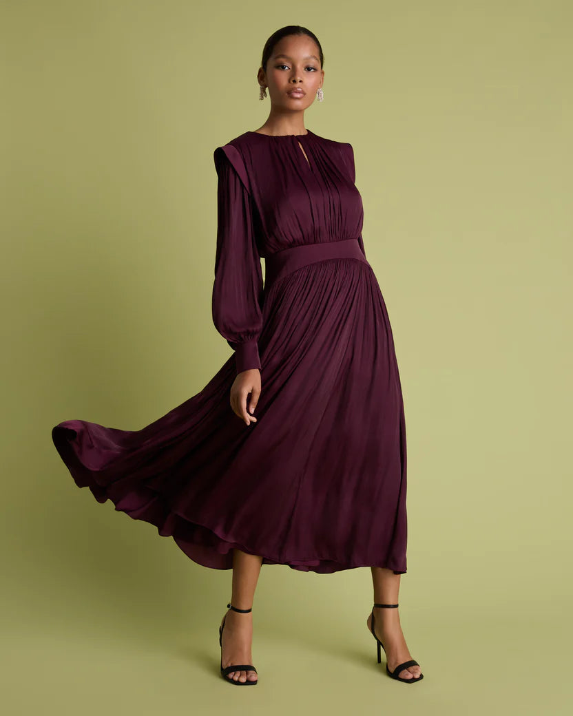 Florere Burgandy Blussson Sleev Fit &amp; Flare Dress