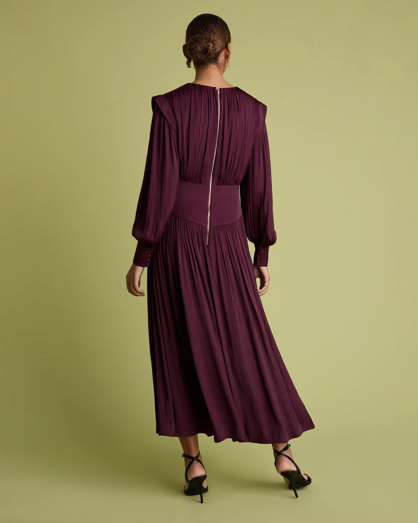 Florere Burgandy Blussson Sleev Fit &amp; Flare Dress