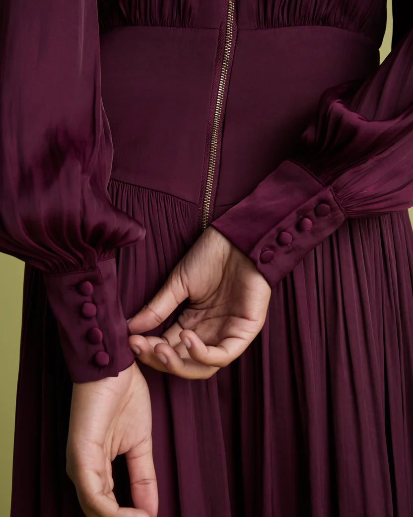 Florere Burgandy Blussson Sleev Fit &amp; Flare Dress