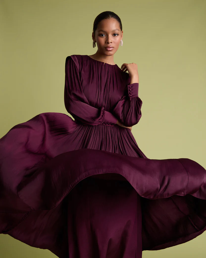 Florere Burgandy Blussson Sleev Fit &amp; Flare Dress