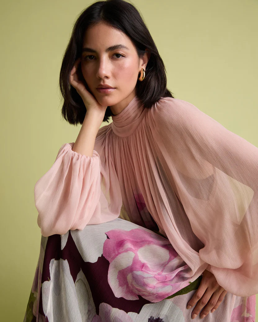 Florere Pink Floral Blussion Sleeve Midi Dress