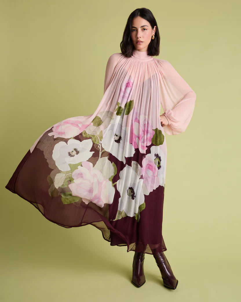 Florere Pink Floral Blussion Sleeve Midi Dress