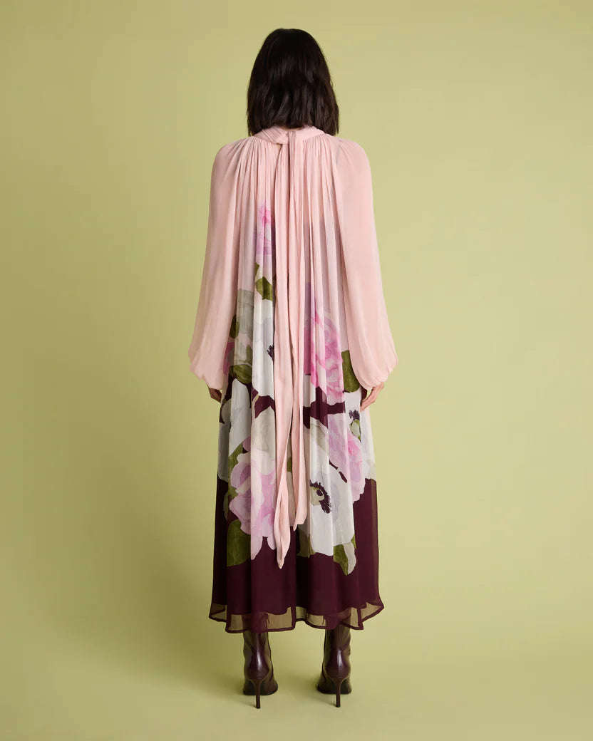 Florere Pink Floral Blussion Sleeve Midi Dress