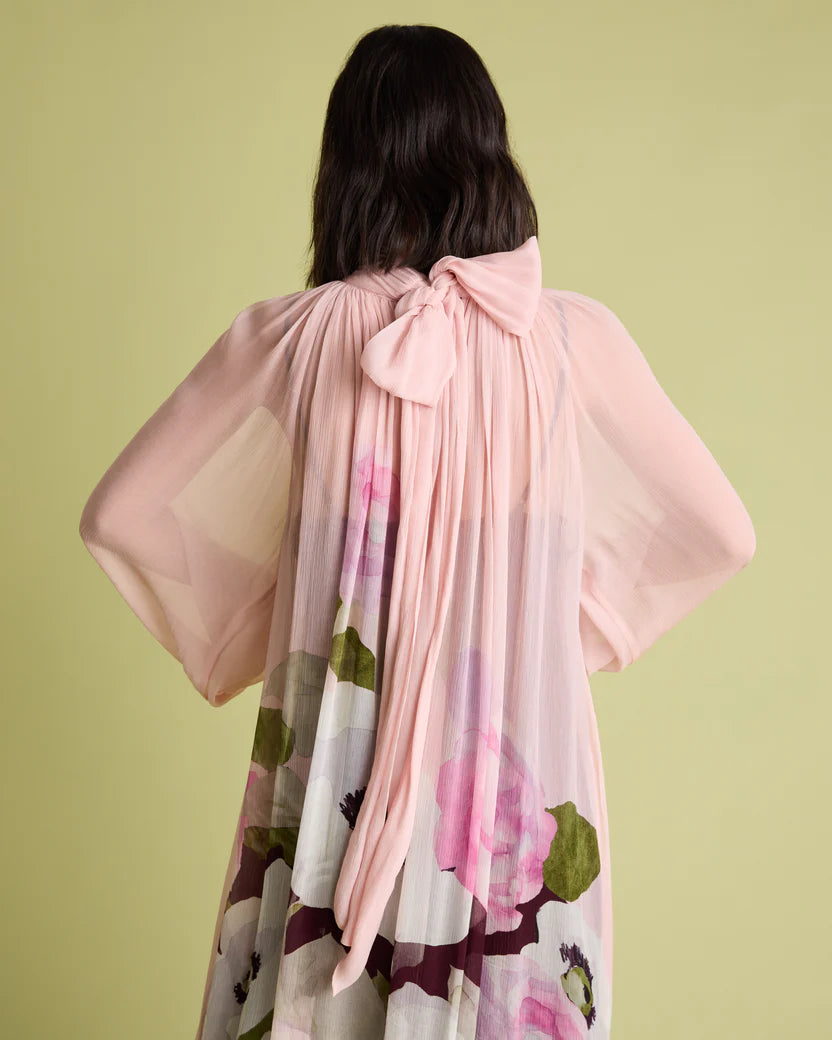 Florere Pink Floral Blussion Sleeve Midi Dress