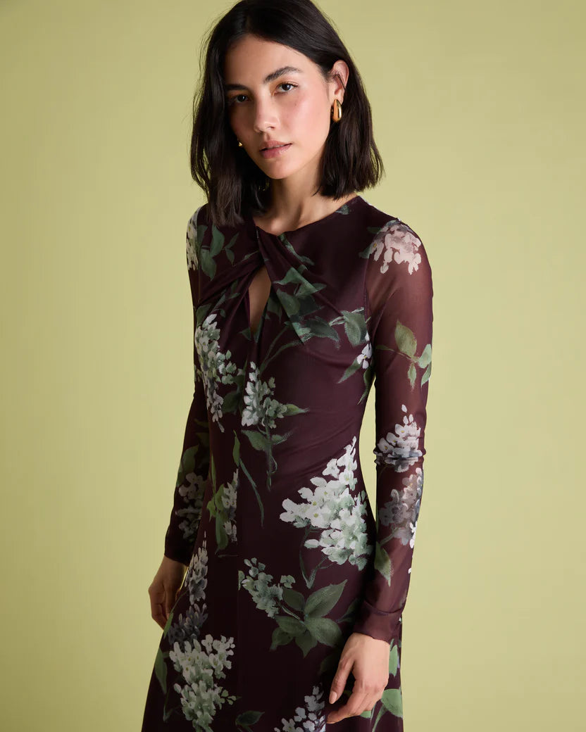 Florere Burgandy Long Sleeved Floral Dress