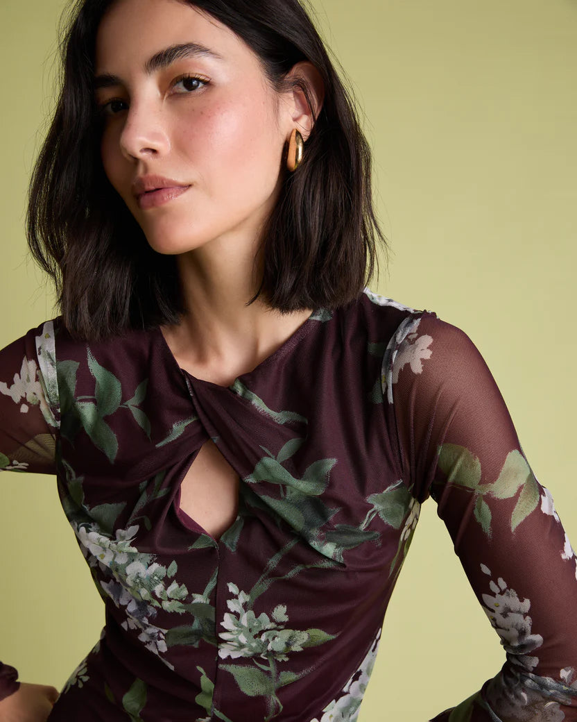 Florere Burgandy Long Sleeved Floral Dress