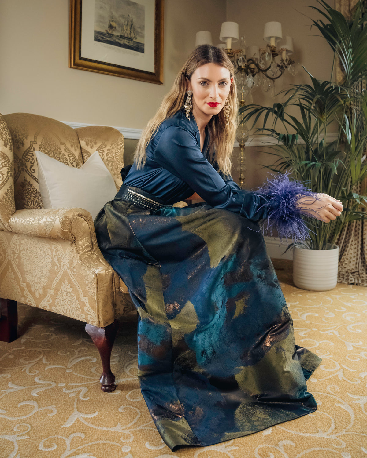 Sara Roka Shine Navy Satin Top &amp; Divy Long Skirt