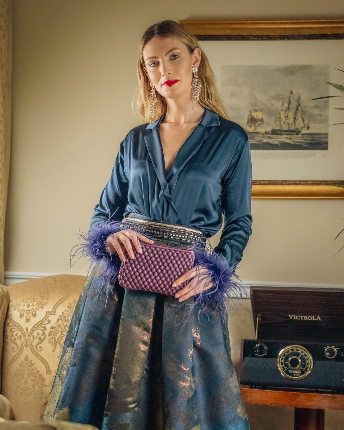 Sara Roka Shine Navy Satin Top &amp; Divy Long Skirt