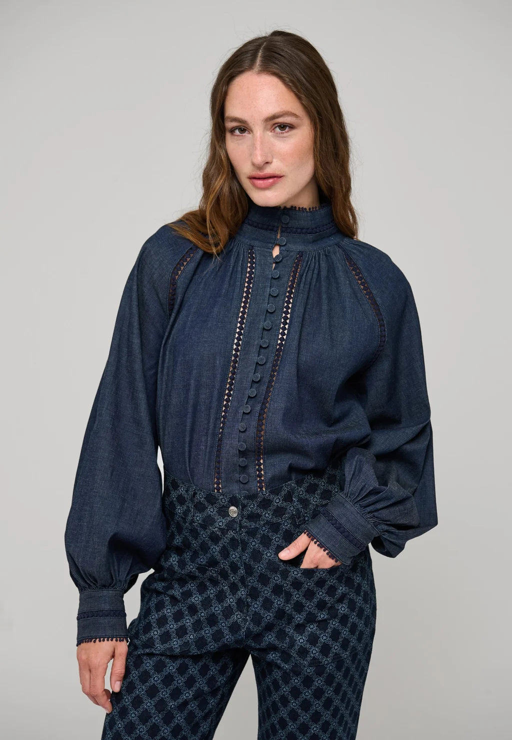 Dea Kudibal Monica Chambray Blue Blouse With Stand Collar