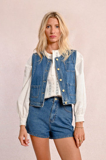 Molly Bracken Denim Blue Sleeveless Jacket
