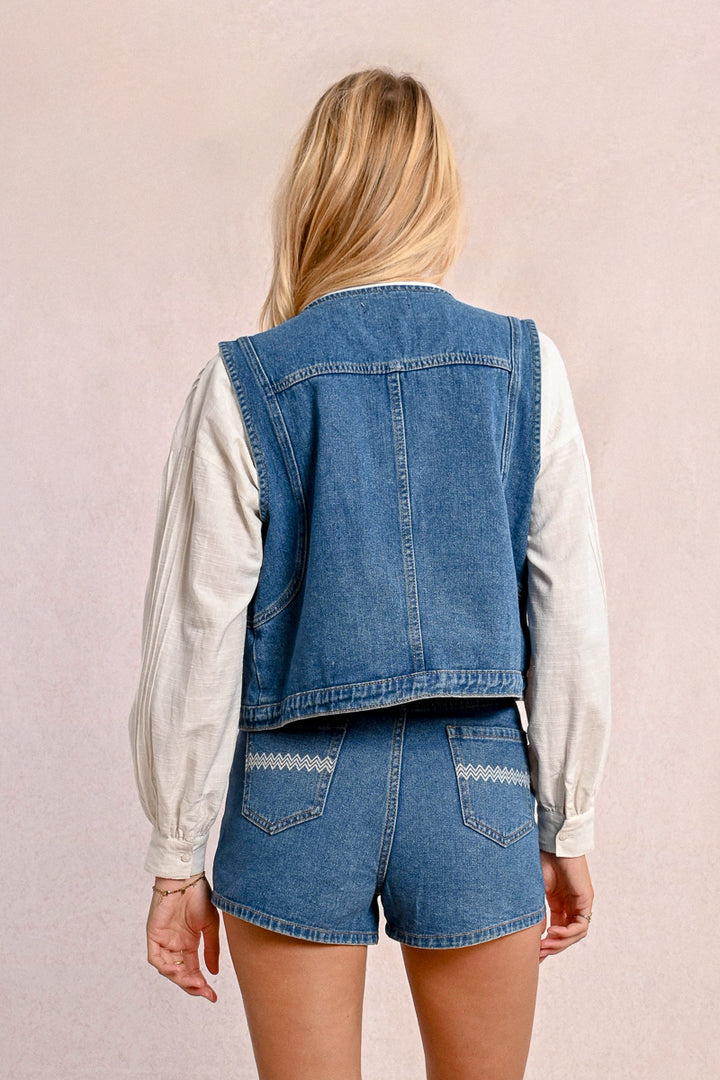 Molly Bracken Denim Blue Sleeveless Jacket