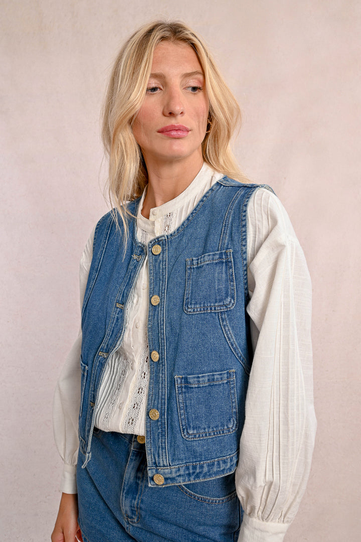 Molly Bracken Denim Blue Sleeveless Jacket