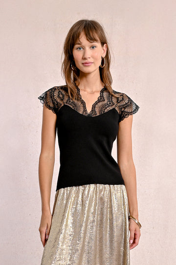Molly Bracken  Black Knitted Lace Short Sleeved Top