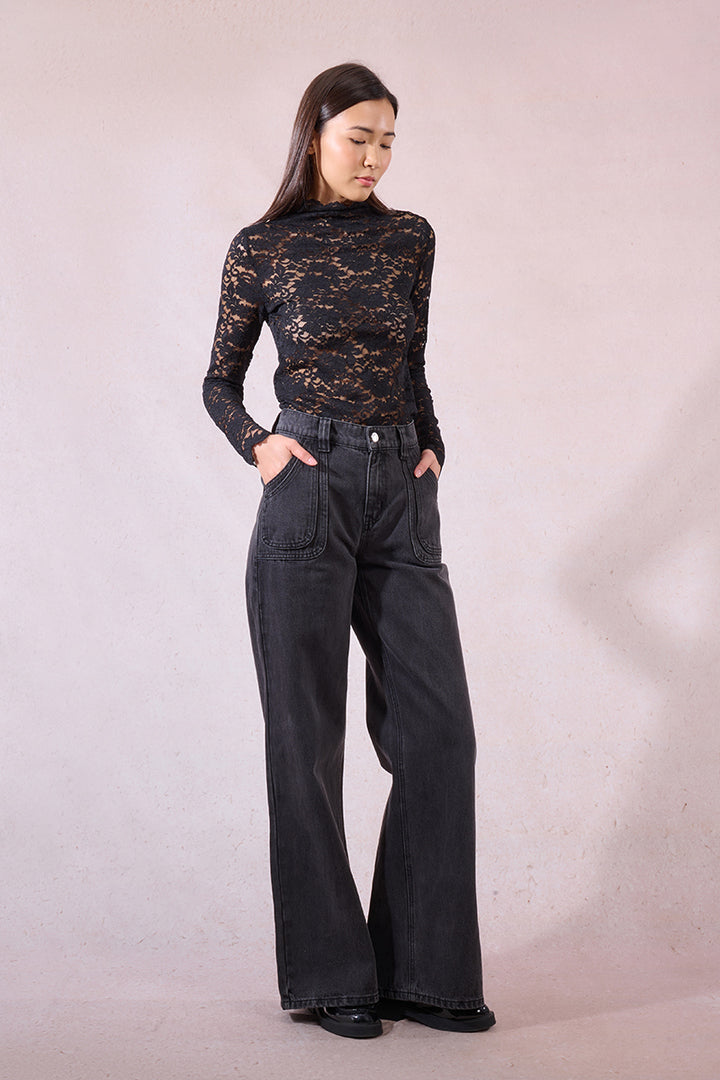 Molly Bracken Grey Wide-Leg, Topstitched Jeans