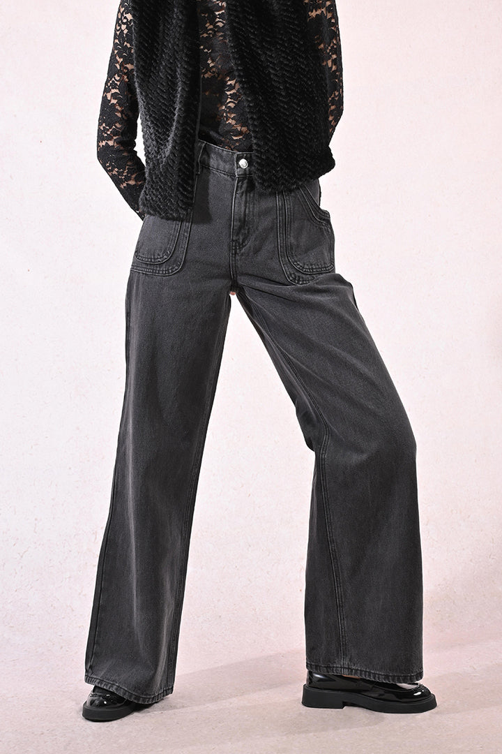 Molly Bracken Grey Wide-Leg, Topstitched Jeans