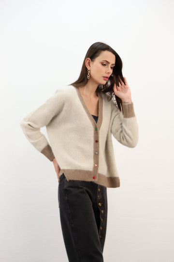 ESTHEME Cashmere Caillous/Lattee Bicolour Racoon Mix Cardigan