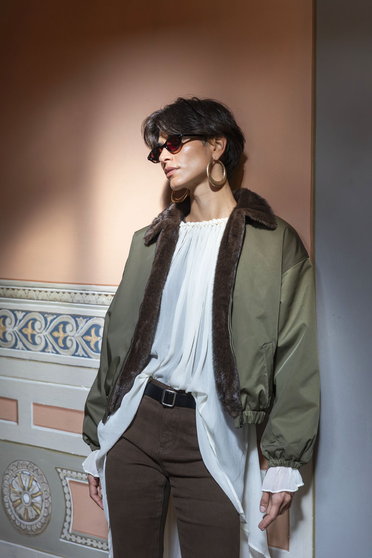 Eleh Military Style Bomber Jacket With Faux Fur Shawl Collar