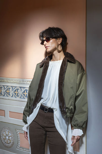 Eleh Military Style Bomber Jacket With Faux Fur Shawl Collar