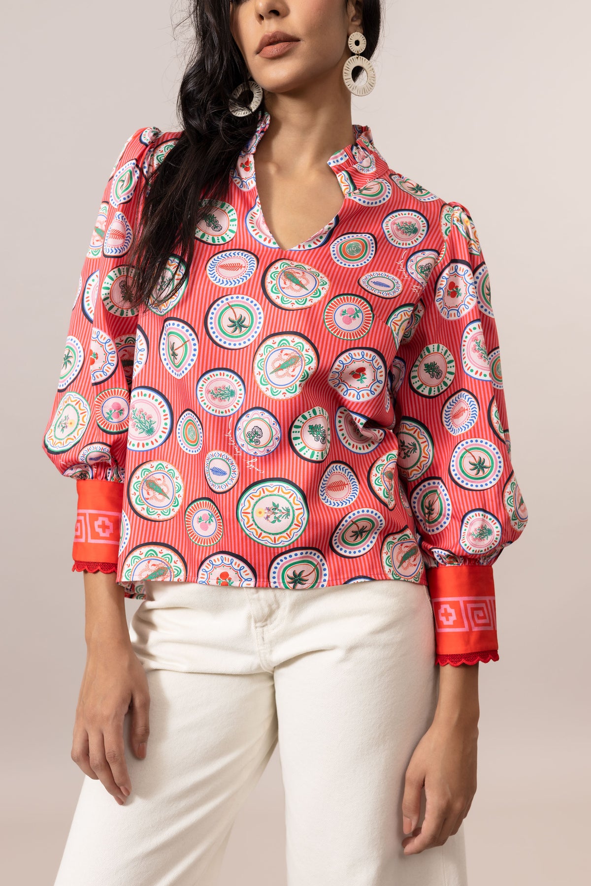 Emily Lovelock Flame Scarlett Red Hailey Print Blouse