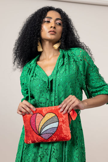 Emily Lovelock Heart Tigerlilly Orange Viscose Velvet Pochette