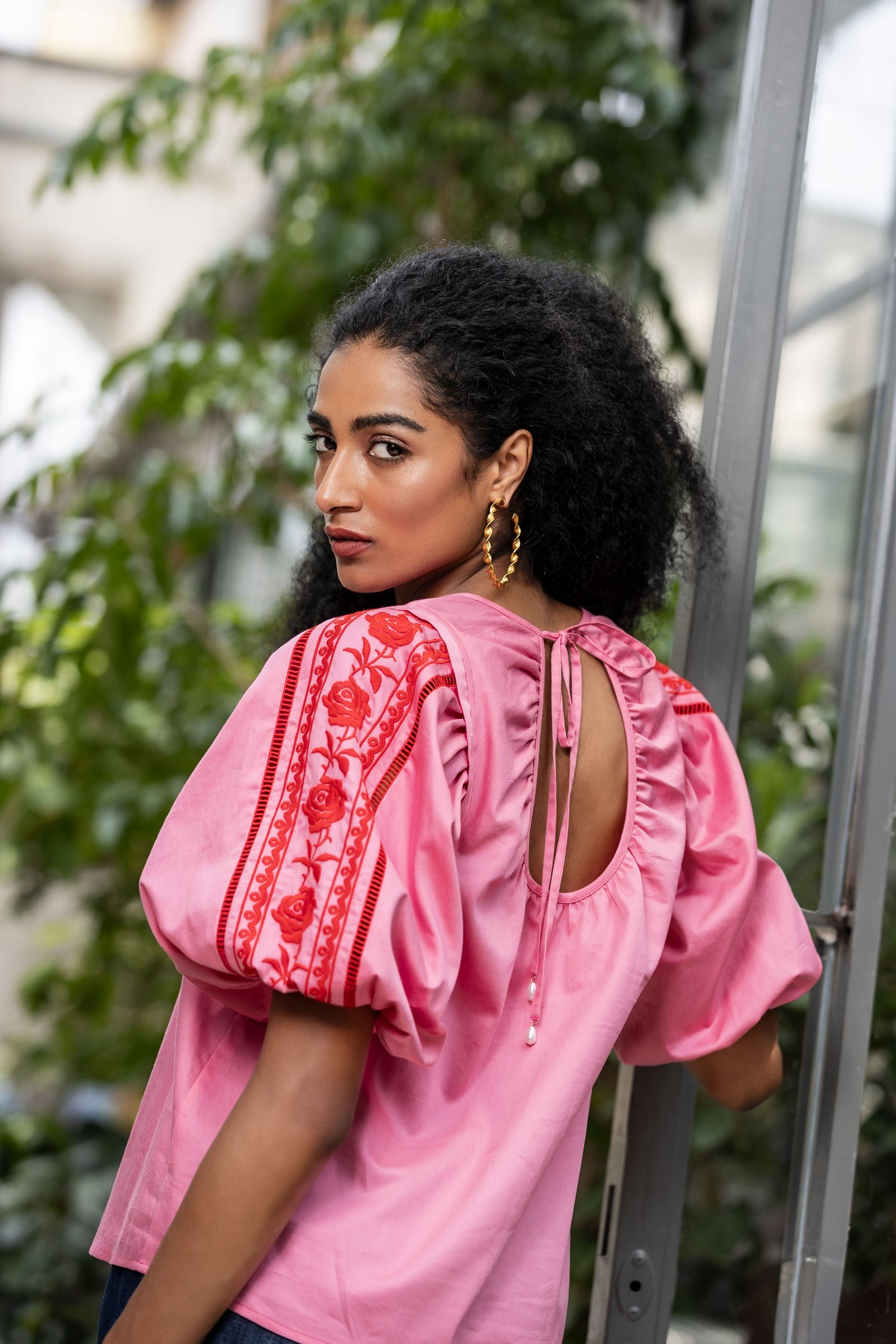 Emily Lovelock Nora Pink Morning Glory Organic Cotton Satin Top