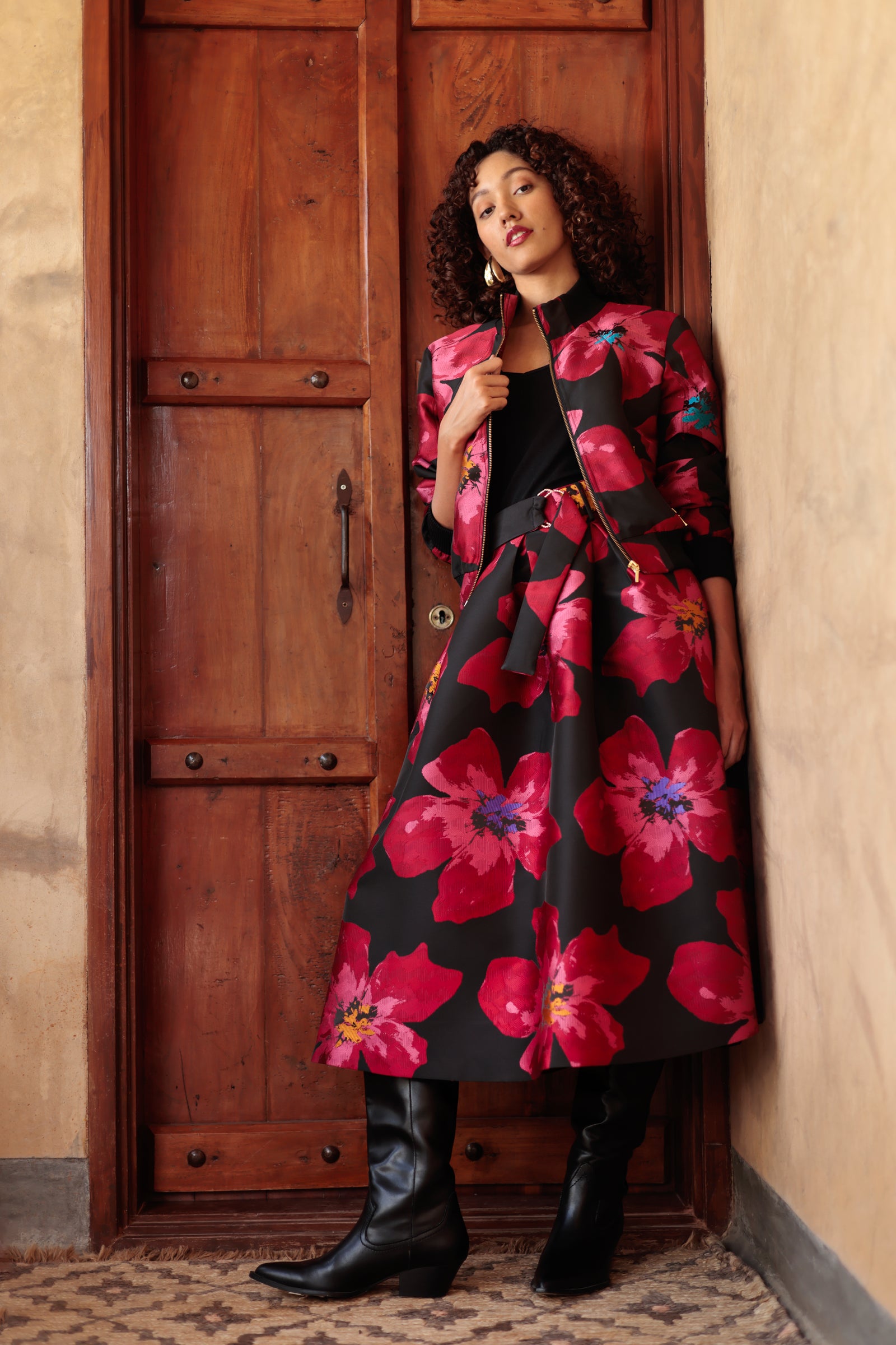 Emily Lovelock Zelda Lava Red Jacquard Skirt