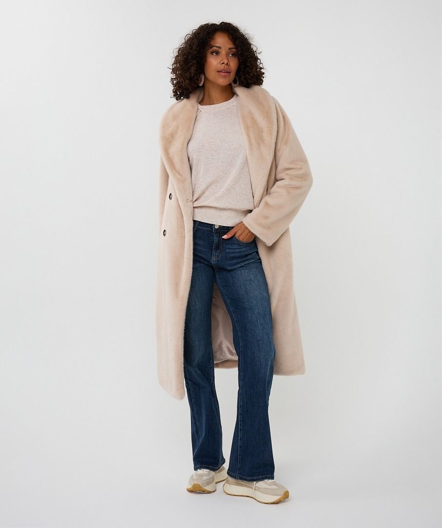 Esqualo Beige Long Coat With Faux Fur Shawl Collar