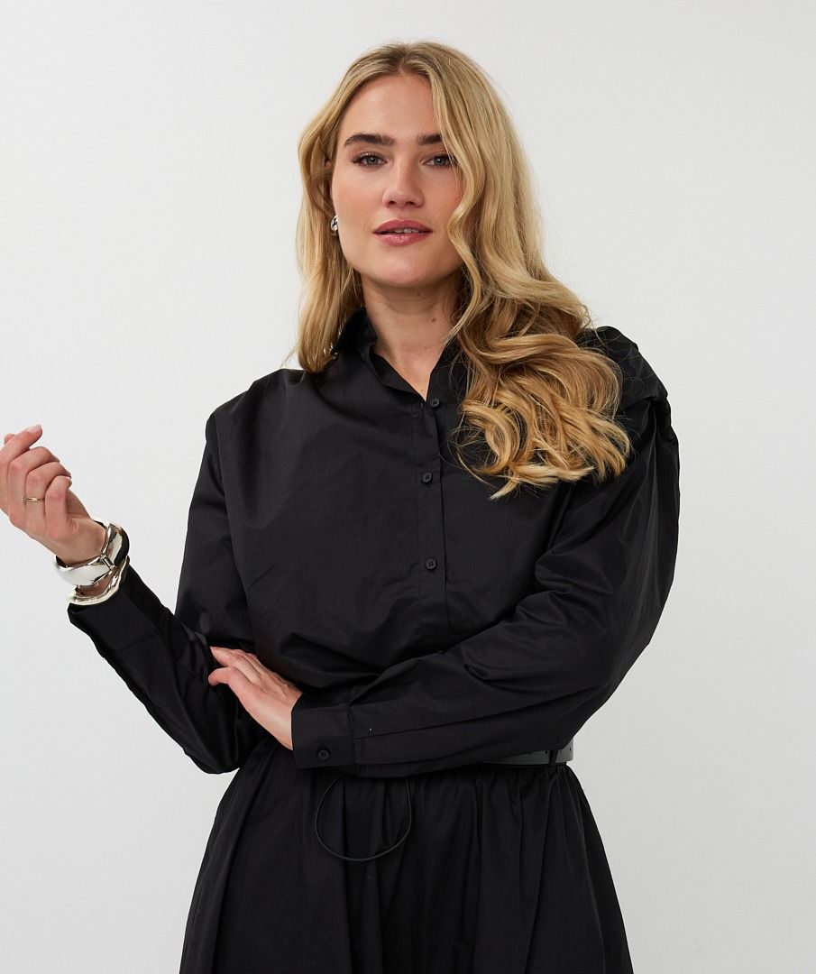 Esqualo Black Cropped Drawstring Poplin Blouse