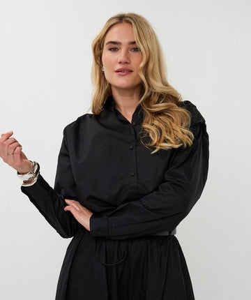 Esqualo Black Cropped Drawstring Poplin Blouse