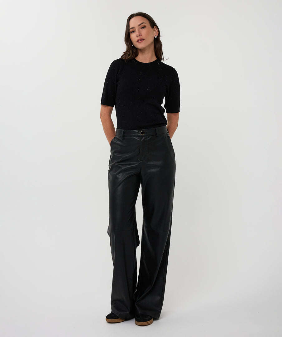 Esqualo Black Wide Leg Leather Trousers