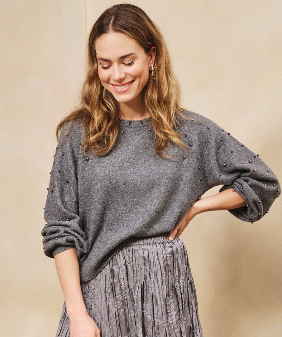 Esqualo Dark Grey Melange Beaded Shoulder Sweater
