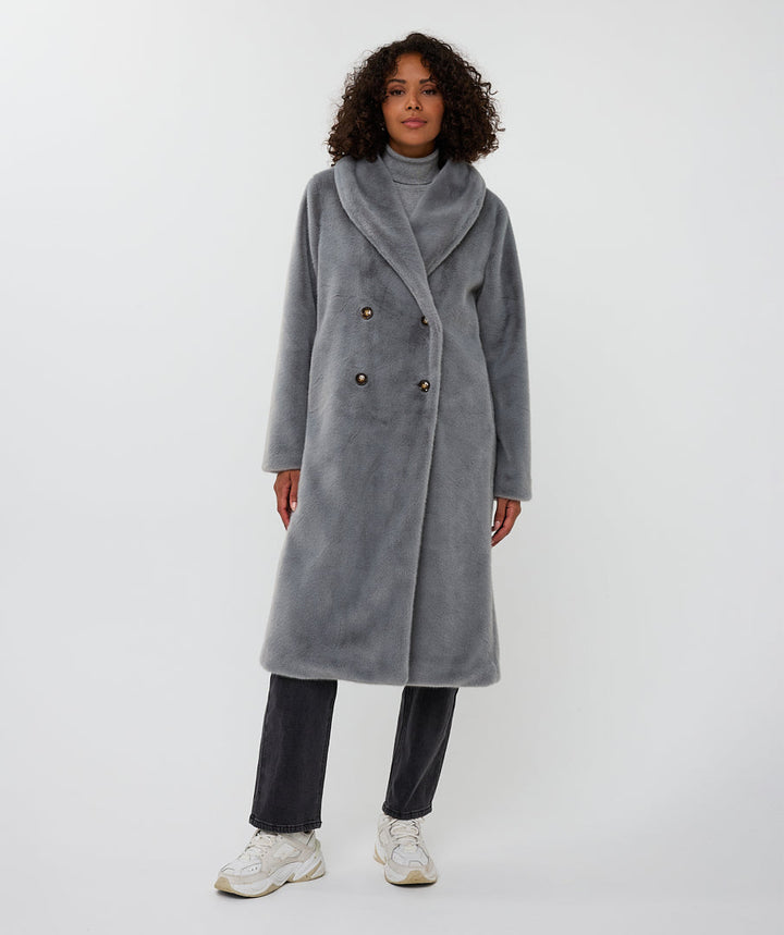 Esqualo Grey Long Coat With Faux Fur Shawl Collar
