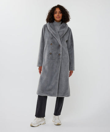 Esqualo Grey Long Coat With Faux Fur Shawl Collar