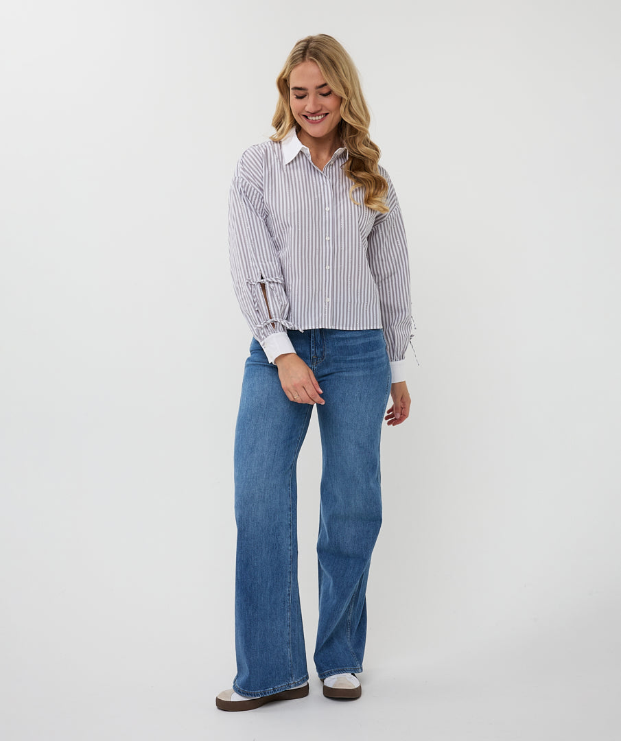 Esqualo Grey &amp; White Striped Gem Embellished Shirt