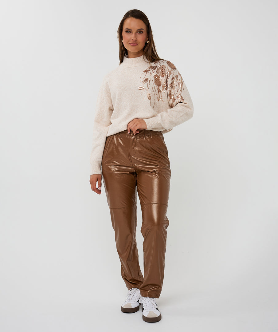 Esqualo Light Sand Sequin Floral Shoulder Sweater