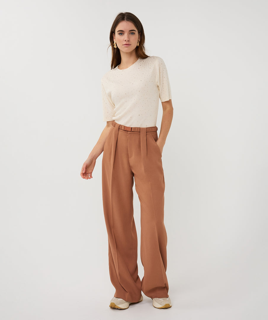 Esqualo Ribbed Sparkle High Neck Top - Ecru