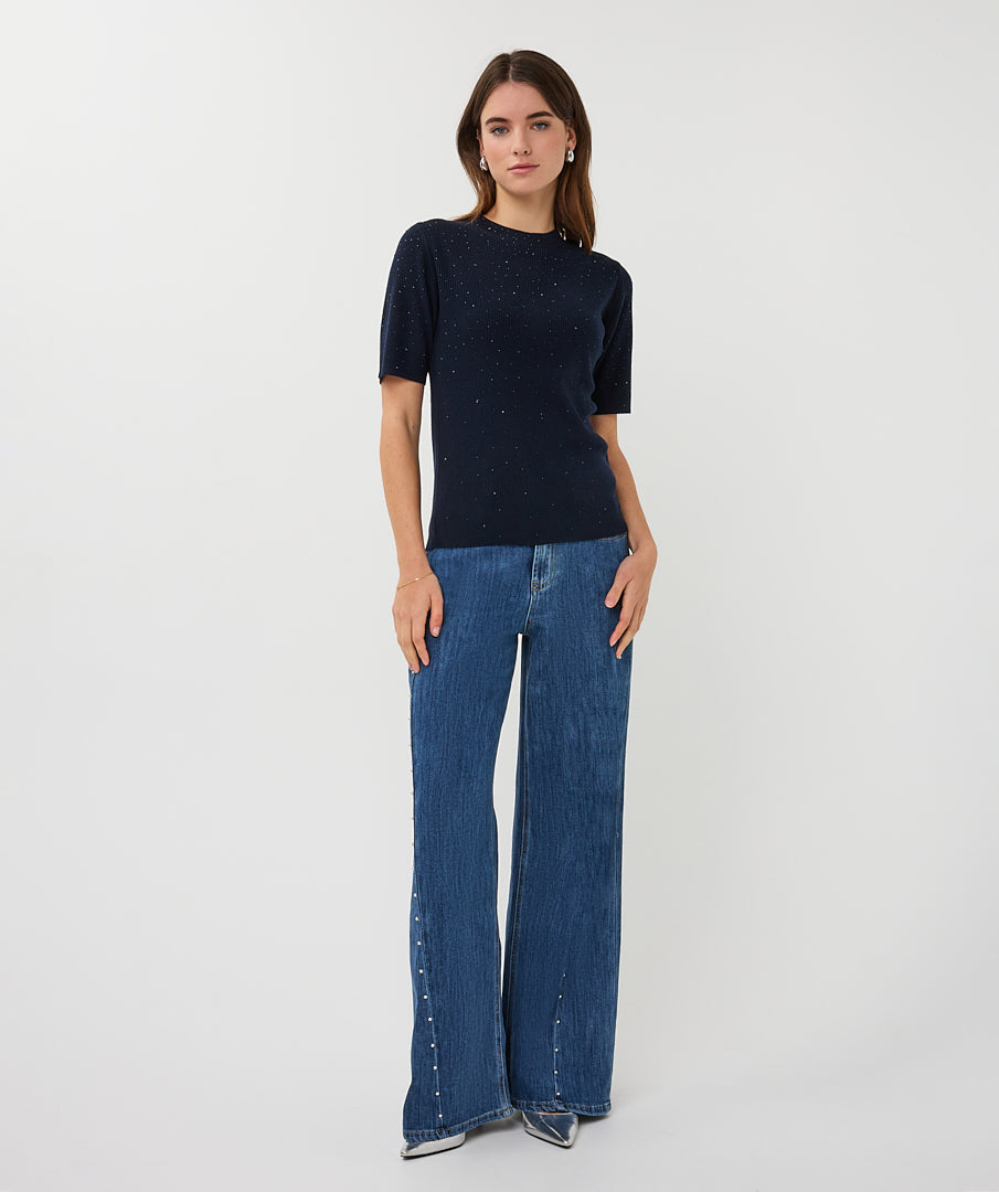 Esqualo Ribbed Sparkle High Neck Top - Navy