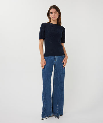 Esqualo Ribbed Sparkle High Neck Top - Navy