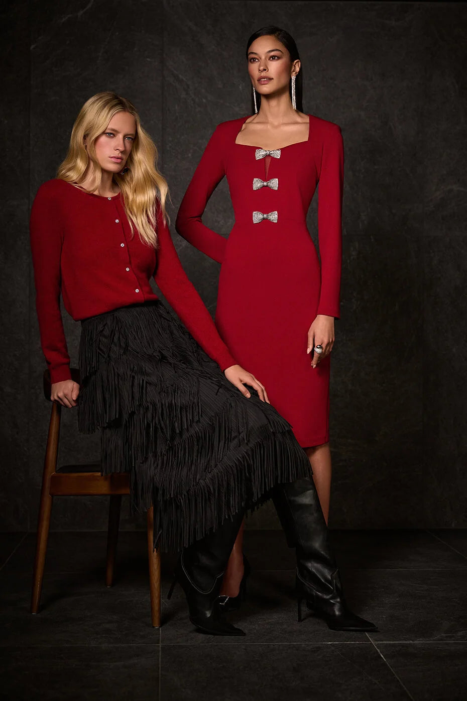 Joseph Ribkoff Deep Cherry Scuba Crepe Sheath Dress With Rhinestone Bows