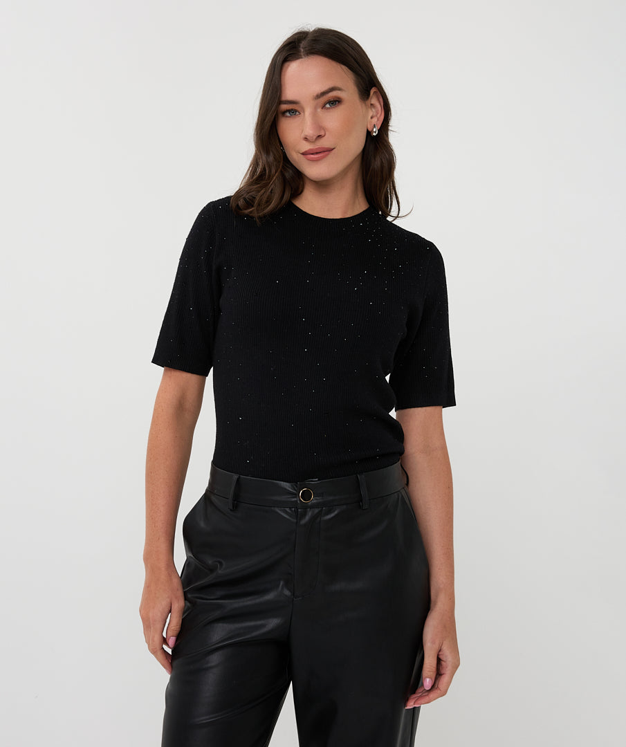 Esqualo Sparkle Ribbed Top Black