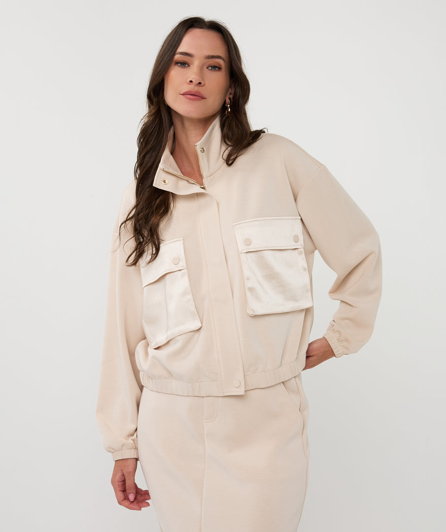 Esqualo Cream Cropped Modal Bomber Jacket
