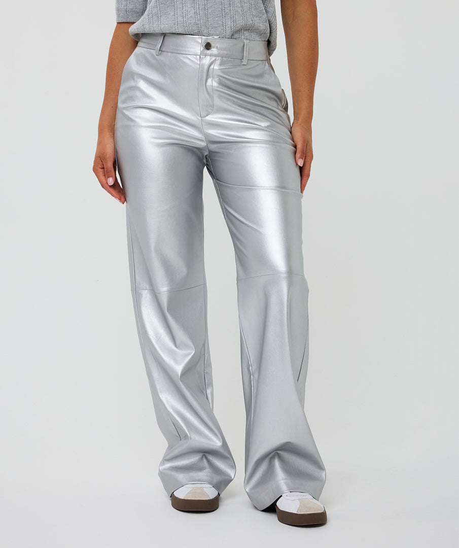 Esqualo Silver Wide Leg Leather Trousers