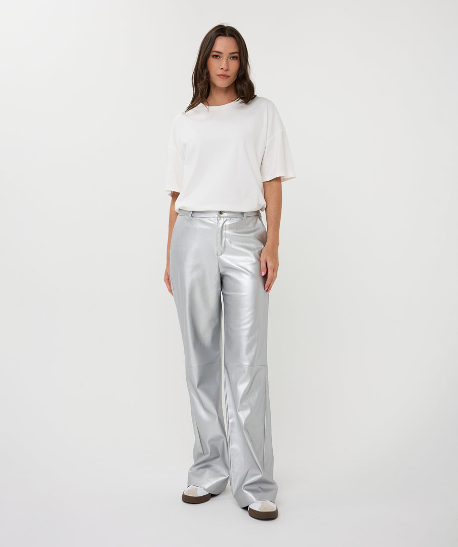 Esqualo Silver Wide Leg Leather Trousers
