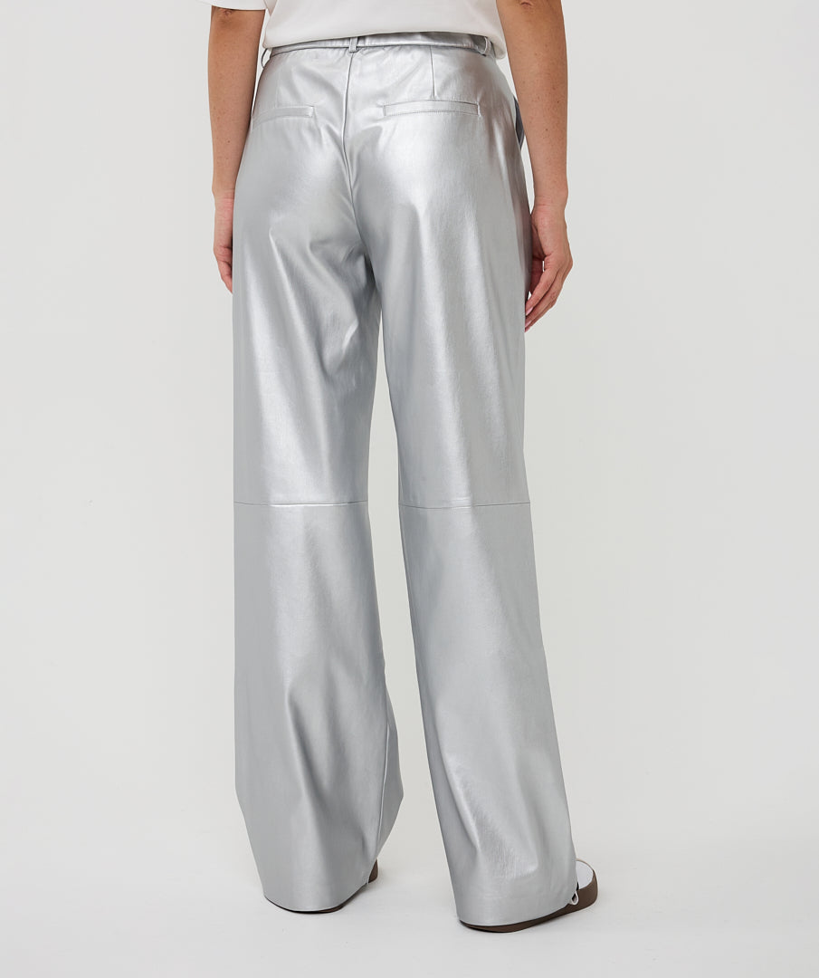 Esqualo Silver Wide Leg Leather Trousers