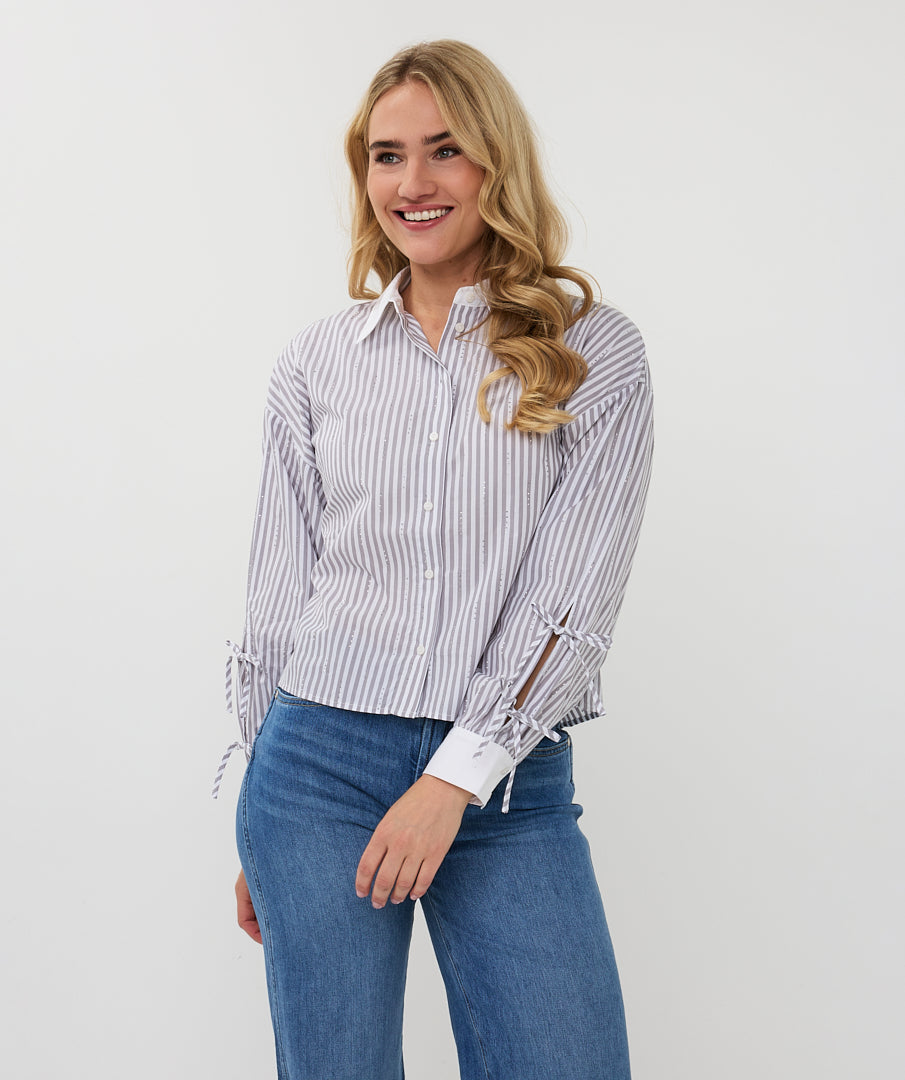 Esqualo Grey &amp; White Striped Gem Embellished Shirt